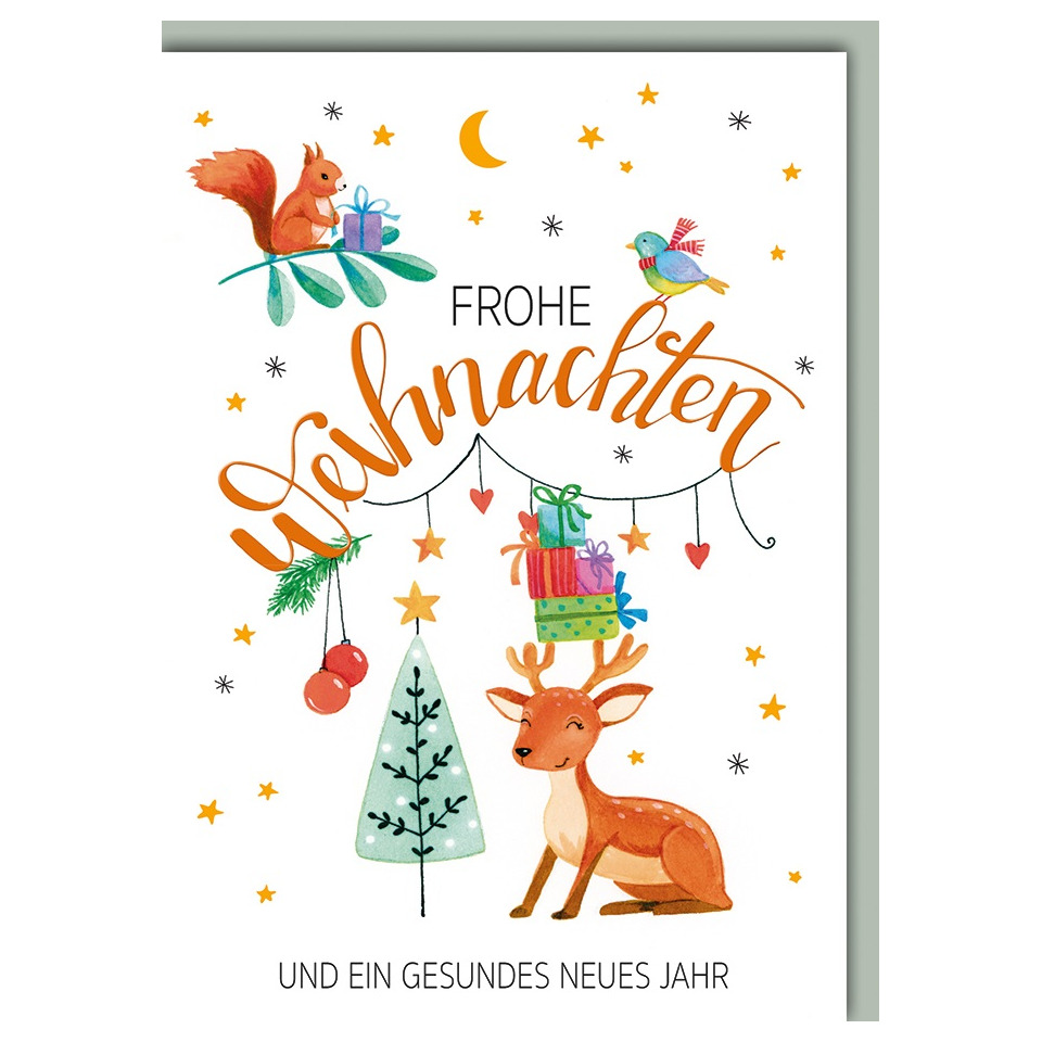 Weihnachtskarte, Reh, Elch, Geschenke, Zweige