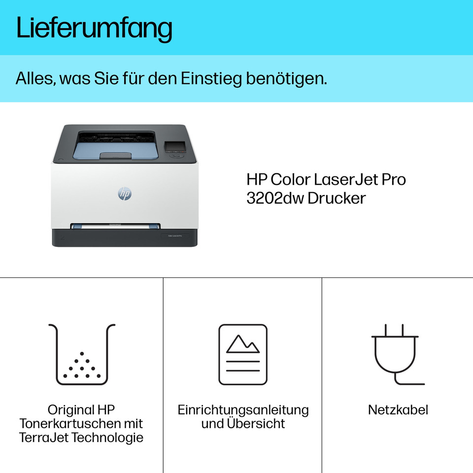 Drucker, HP Color LaserJet Pro 3202dw, Toner, Tonerpatronen, Netzanschluss