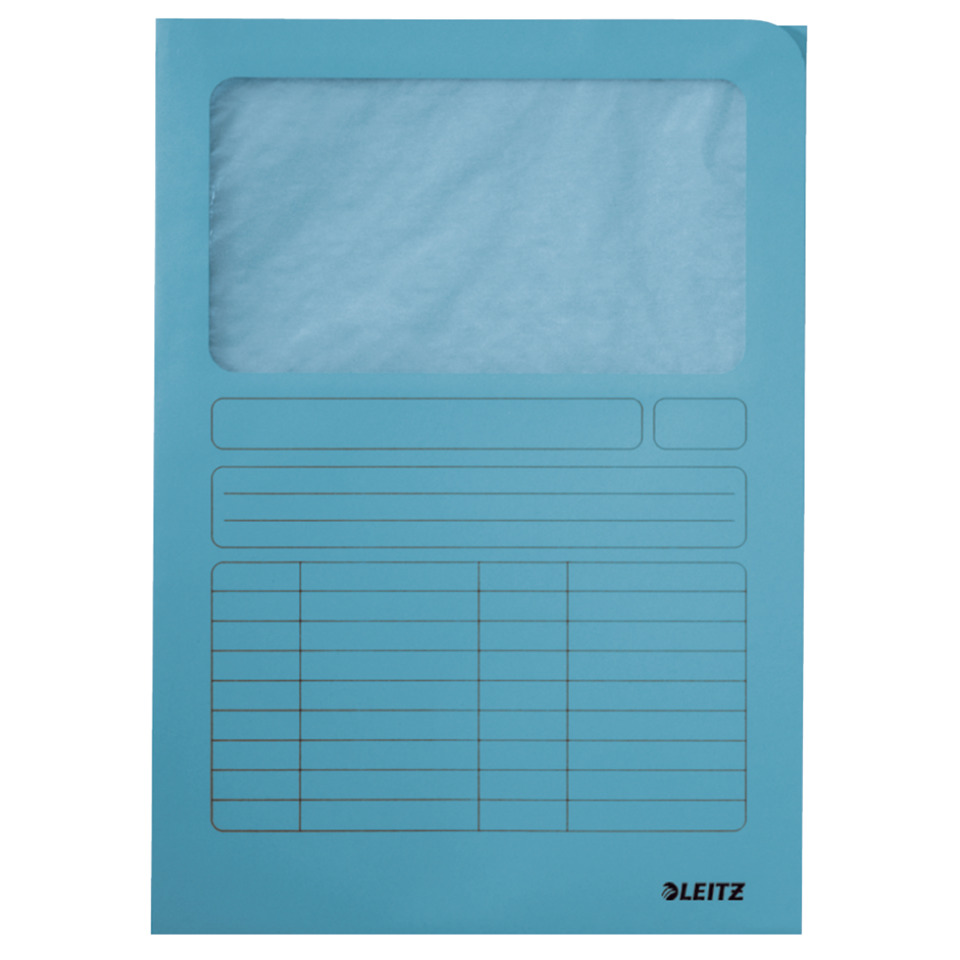 blue folder, transparency window, document pocket, grid lines, Leitz brand