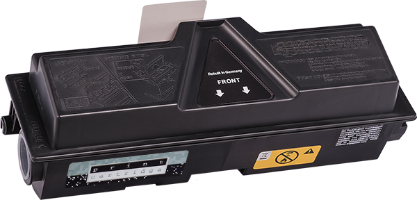  toner cartridge, laser printer supply, black plastic module, front label, warning symbol