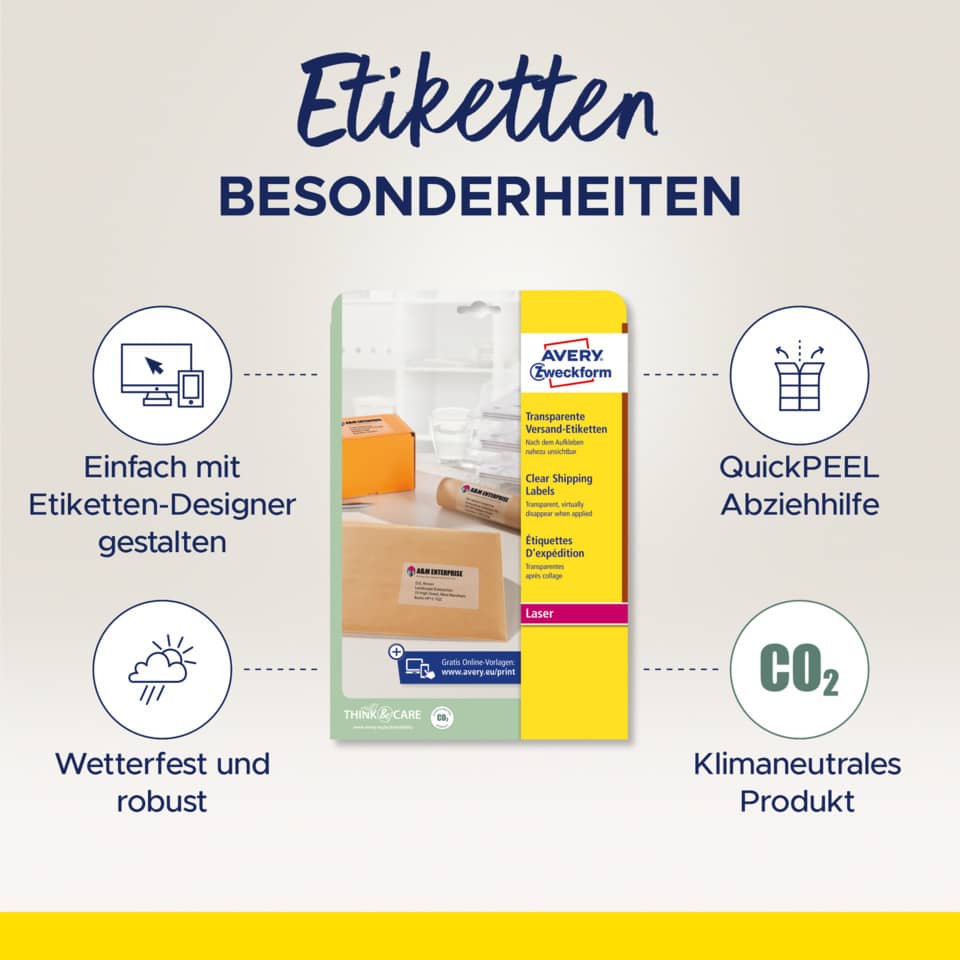 Etiketten, Abziehhilfe, Klimaneutral, Transparentetiketten, Laseretiketten