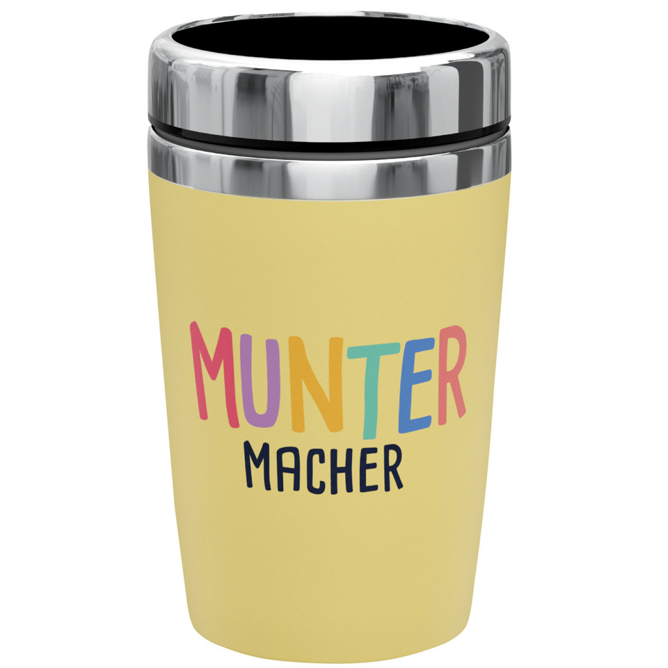Becher, Thermobecher, Kümmertasse, Gelb, Aufdruck Muntermacher