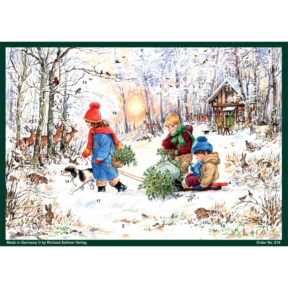 Winterlandschaft, Kinder im Schnee, Puzzle-Illustration, Naturtiere, Schneewald