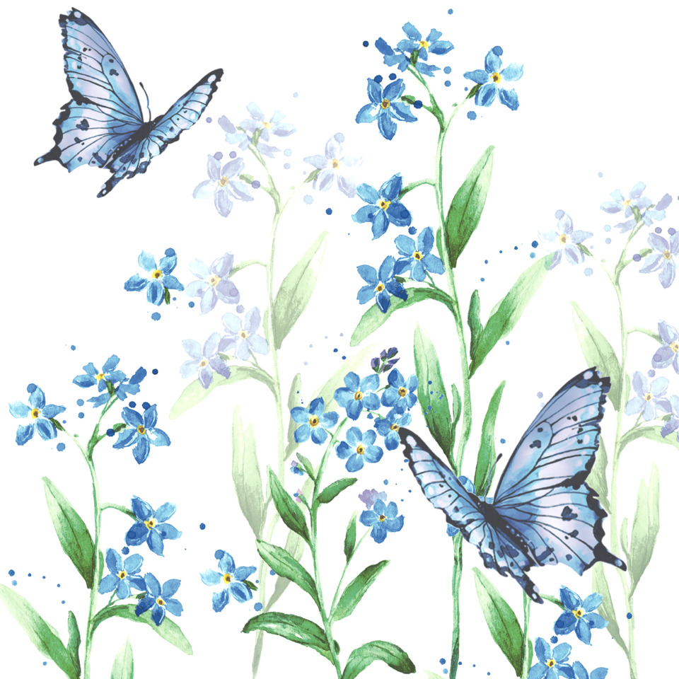 Schmetterling, Blumen, Gartenbild, Blau, Watercolor