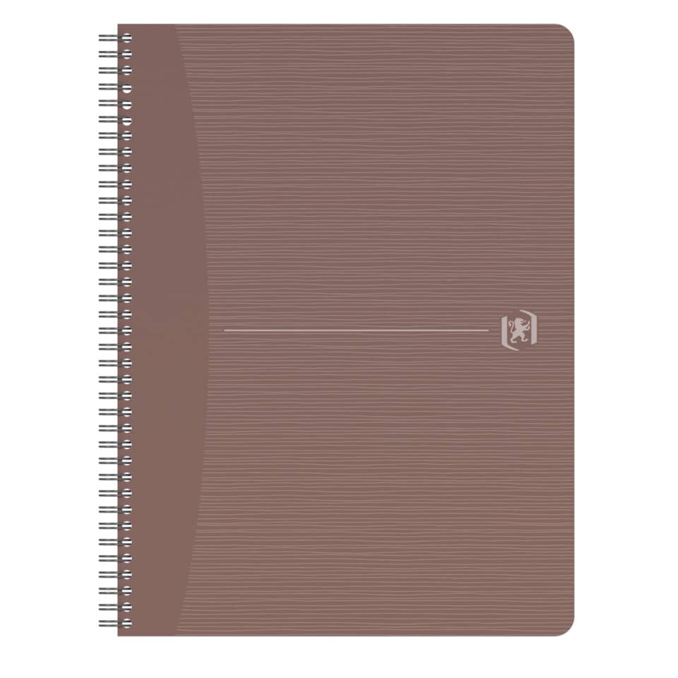 notebook, spiral-bound, brown, lined, cover logo