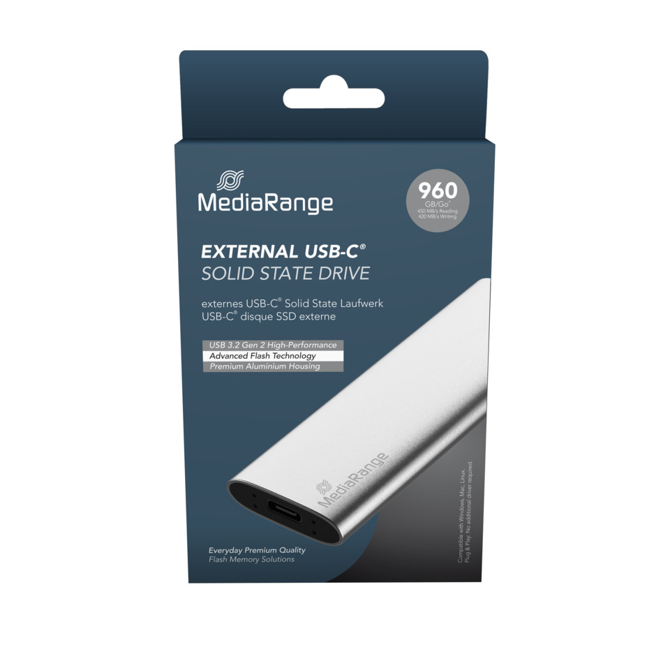 externes USB-C, SSD, Solid State Drive, Aluminiumgehäuse, Speicherkapazität 960 GB