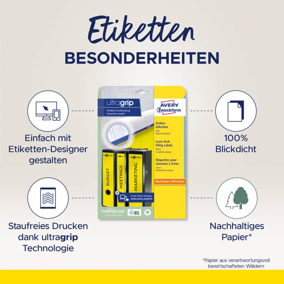 Etiketten, Druckeretiketten, Avery, Leindruck, ultragrip