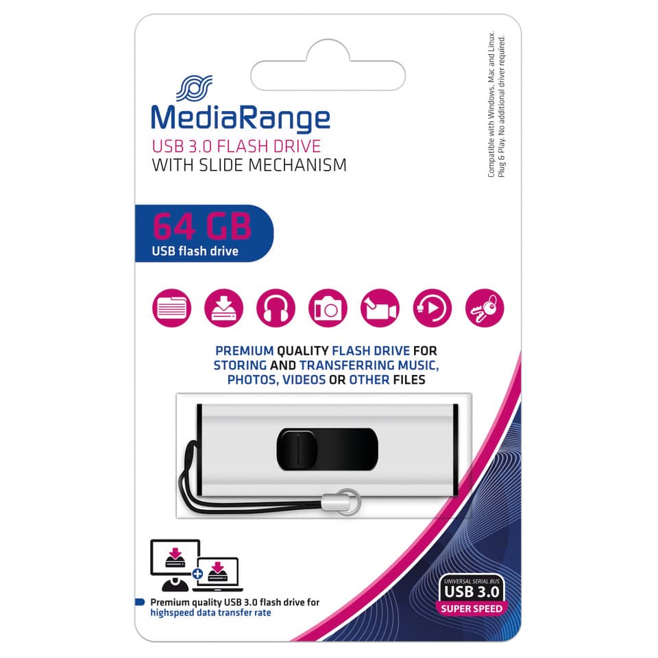 USB 3.0, Flash Drive, 64 GB, Metall, Schiebe-Mechanik