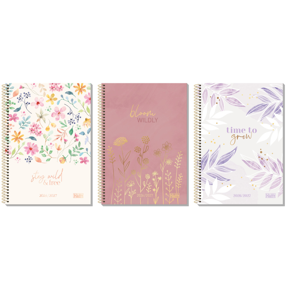 notebooks, spiral-bound, floral pattern, calendar 2026/2027, pastel pink lavender