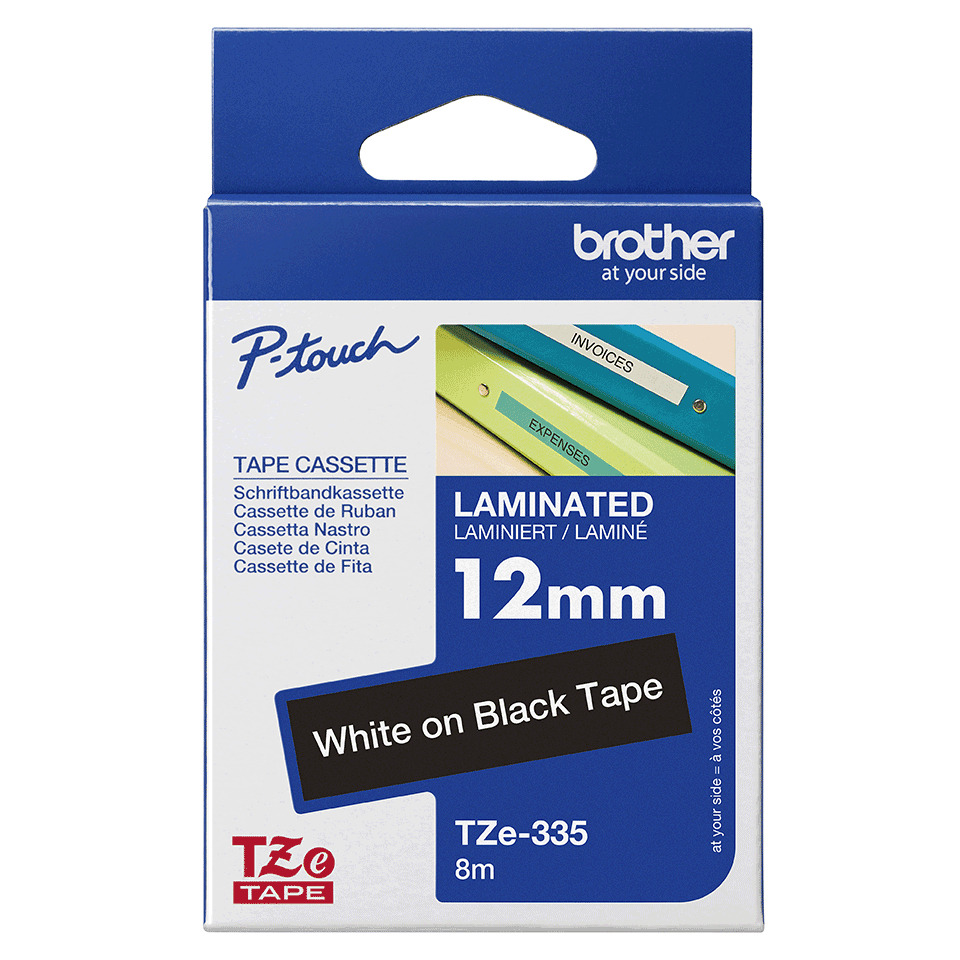 Tape Cassette, Laminated, 12mm, White on Black, TZe-335
