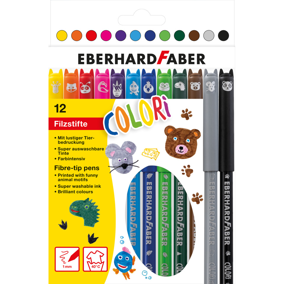 Filzstifte, 12er Pack, Farbkasten, Tiermotive, Wasserlösliche Tinte