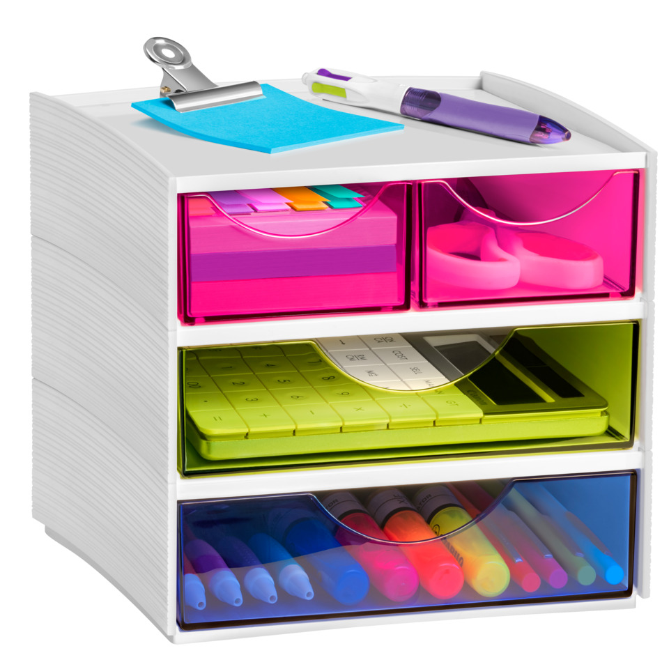 Schreibtisch-Organizer, Schubladenauszug, Buntes Zubehör, Notizzettel, Stifthalter