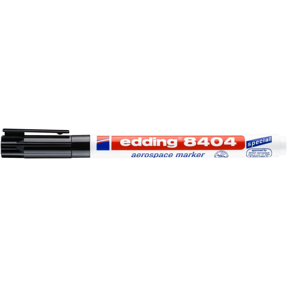 Aerospace-Marker, weißer Marker, schwarser Deckel, roter Aufdruck, edding 8404