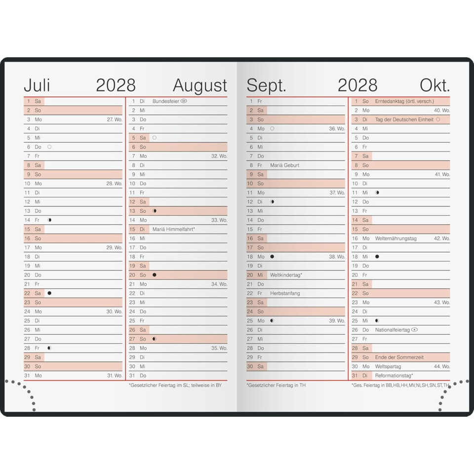 Kalender, Monatskalender, Juli, August, September, 2028, Übersicht, Tagesdaten, Spaltenkalender, Kalenderschema