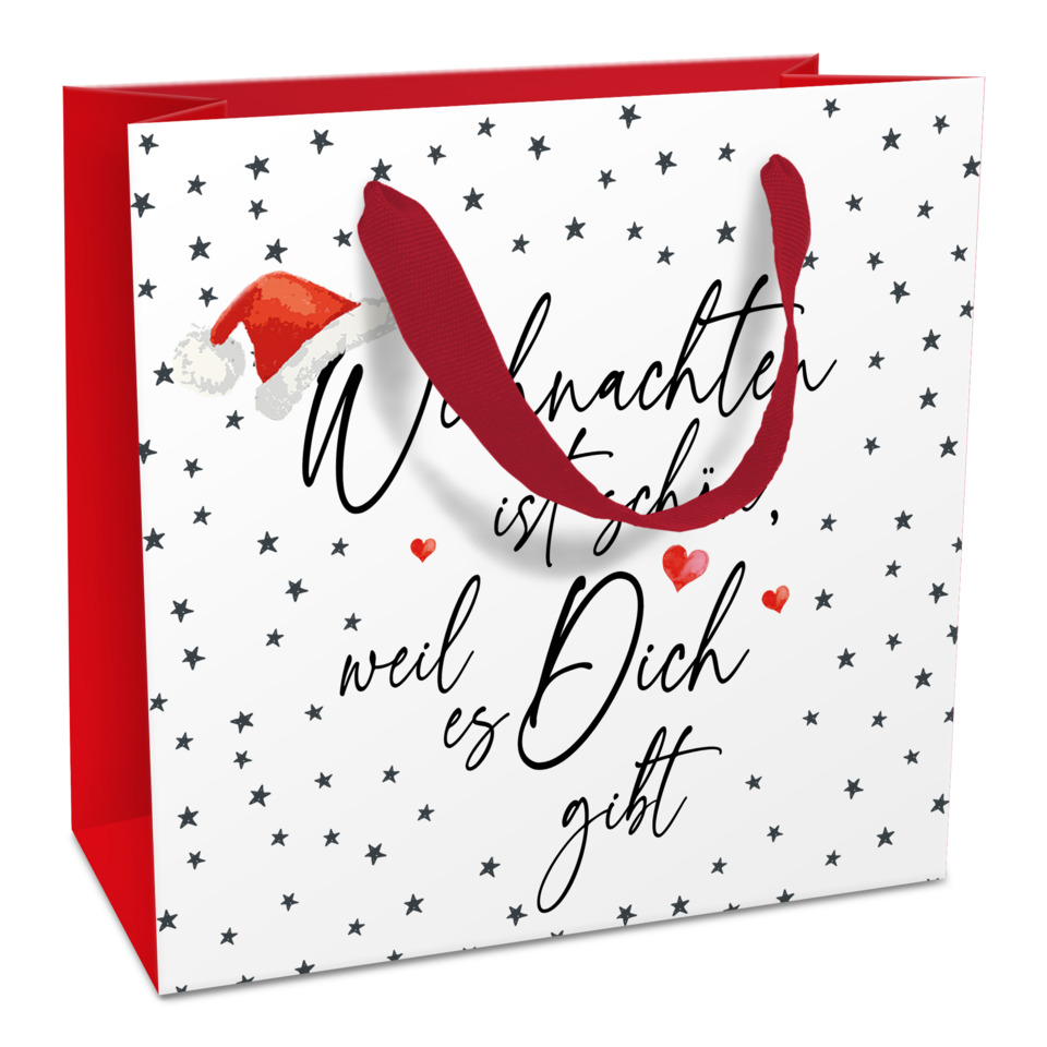 Geschenktüte, Weihnachten, Sterne, Schriftzug, Rotes Band