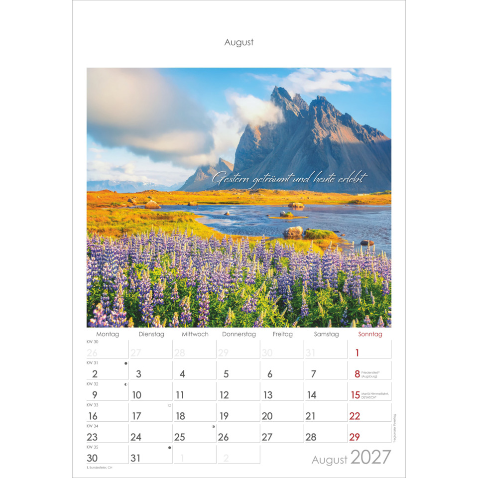 landschaft, berge, blumen, see, kalender