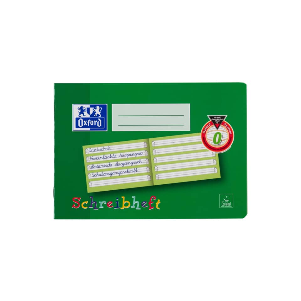 Schreibheft, Grünes Cover, Lineaturseiten, Oxford, Druckschrift