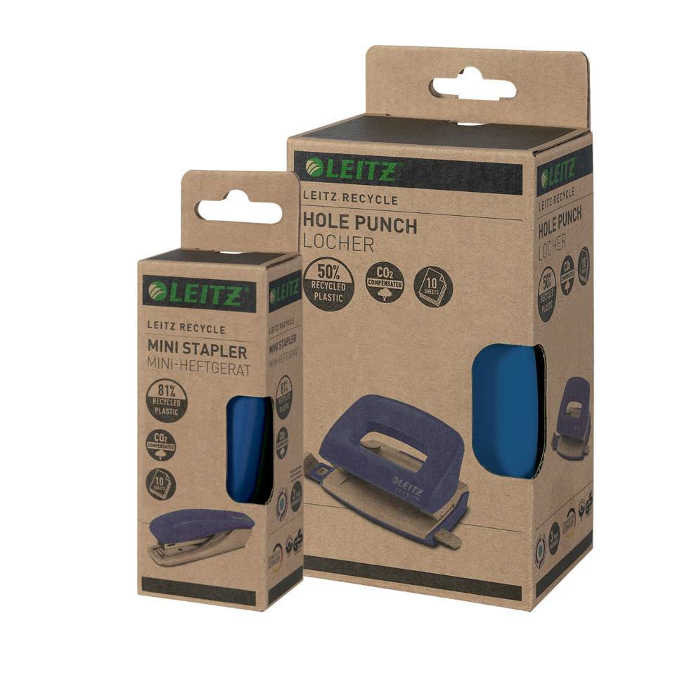 Locher, Locher, Kraftkarton, recyceltes Plastik, Stapelgerät, Locher, Heftgerät, Kartonverpackung, Blau, Leitz recyceln