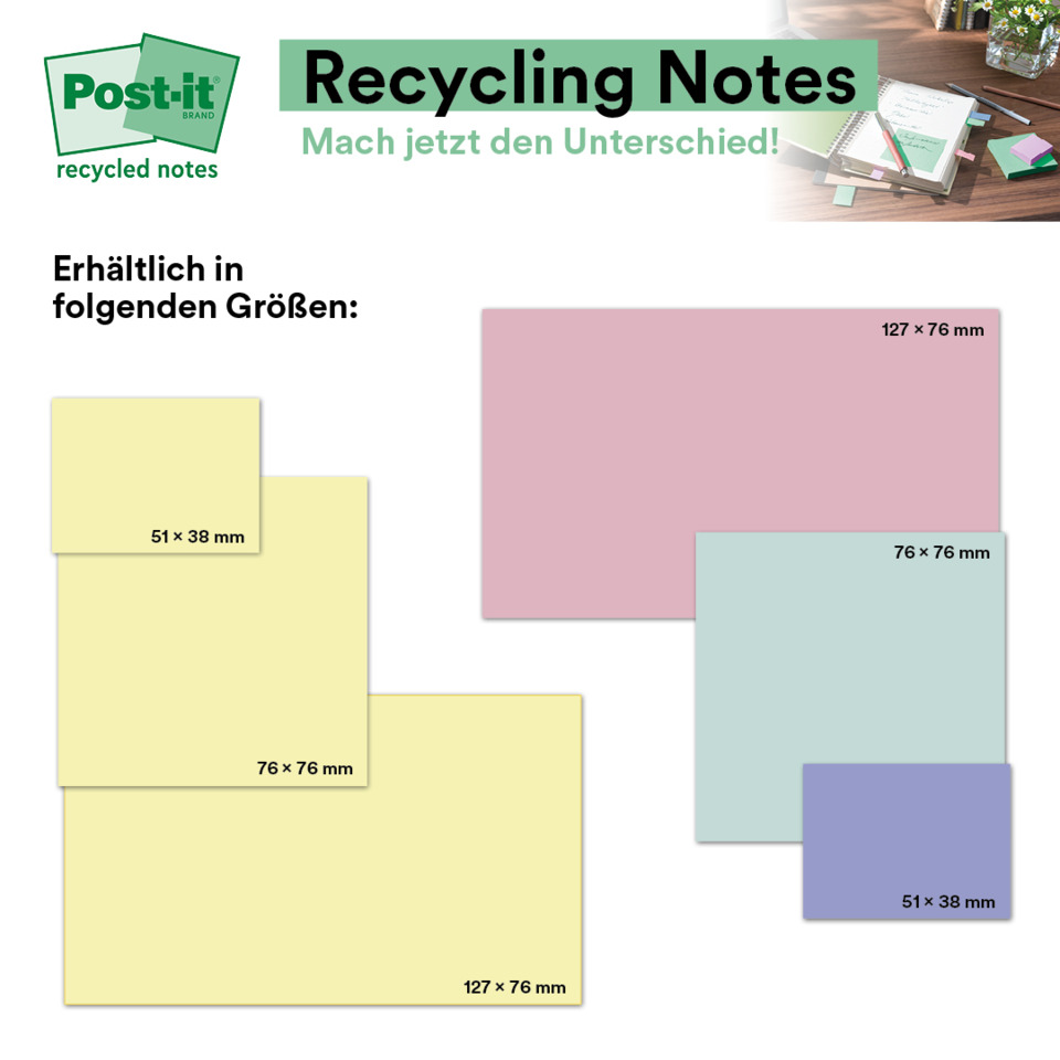 Notizblöcke, Post-it, Recycle Notes, Klebeblatt, Notizgrößen
