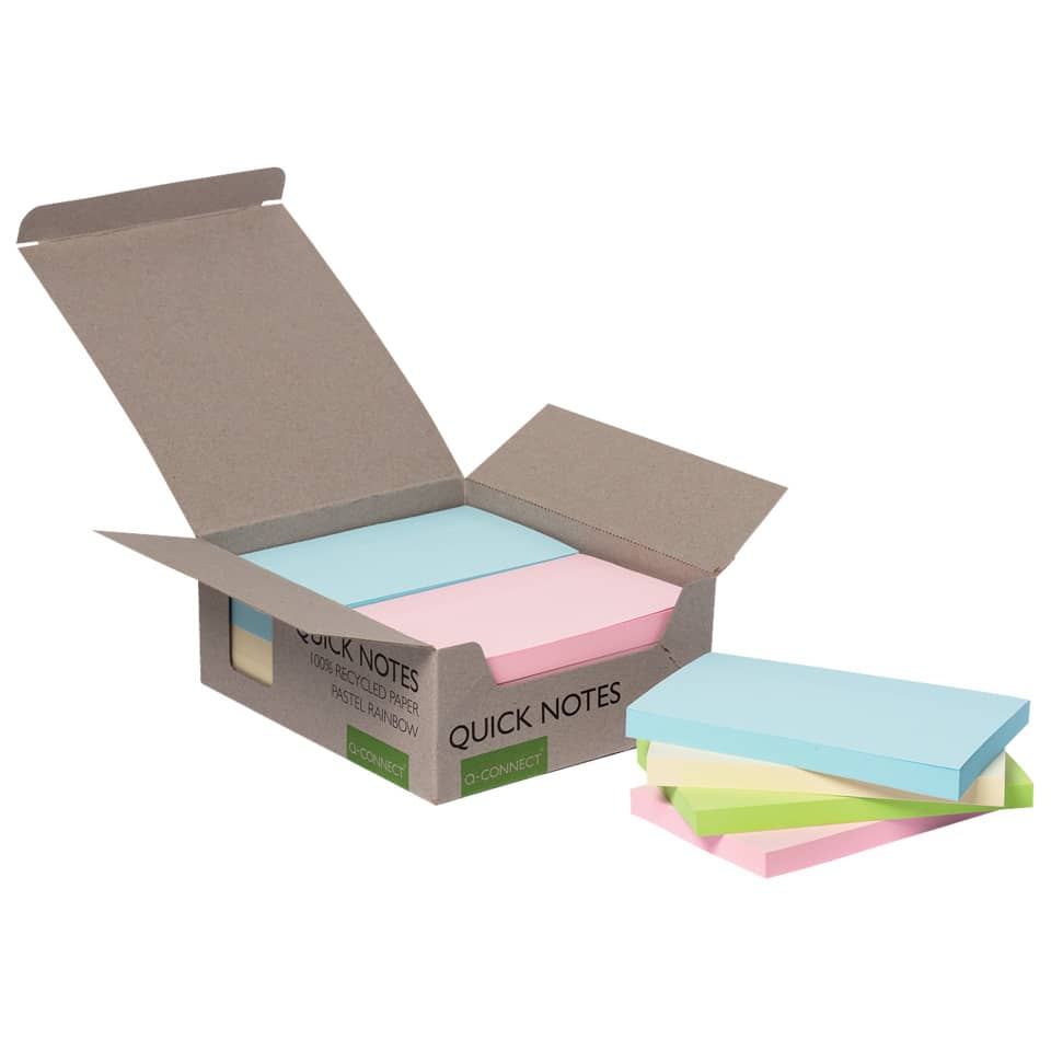 Haftnotizblock Recycling Ouick Notes, 100 Blatt, 12 Stück, 76x127mm, pastell sortiert Q-CONNECT KF17325 Kiste