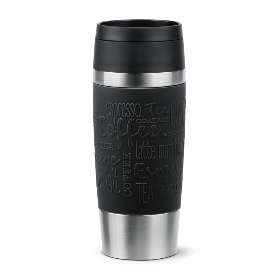 Thermobecher, Reisebecher, Edelstahl, Schwarz, Mustertextur