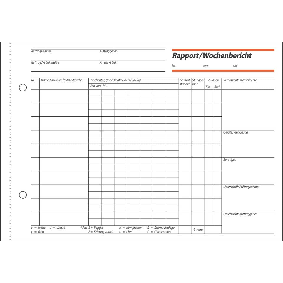 Umschlagblatt, Formular, Rapport, Wochenbericht, Spiralbindung