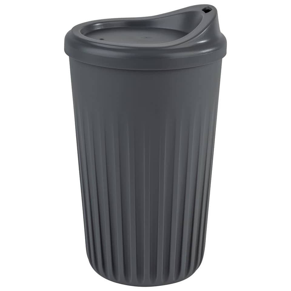to-go cup, travel mug, plastic tumbler, gray, ribbed surface