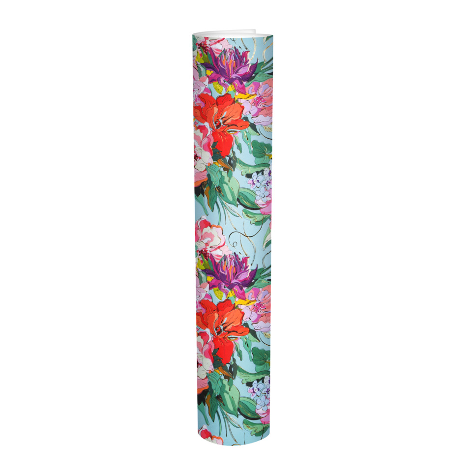 Floral pattern, Tall cylindrical, Decorative wrap, Colorful flowers, Turquoise background