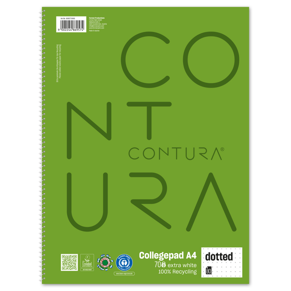 notebook, A4, spiral binding, grüner Einband, 70 g extra white