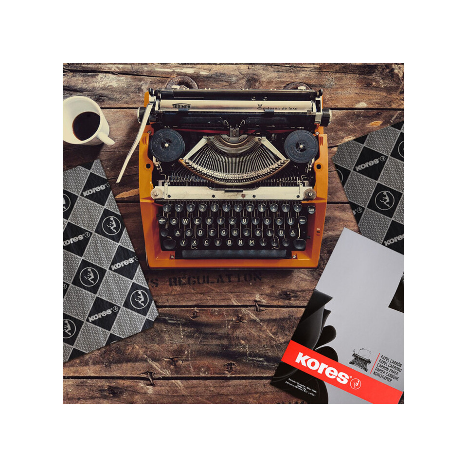 Typewriter, Orange, Wooden desk, Coffee cup, Kores paper