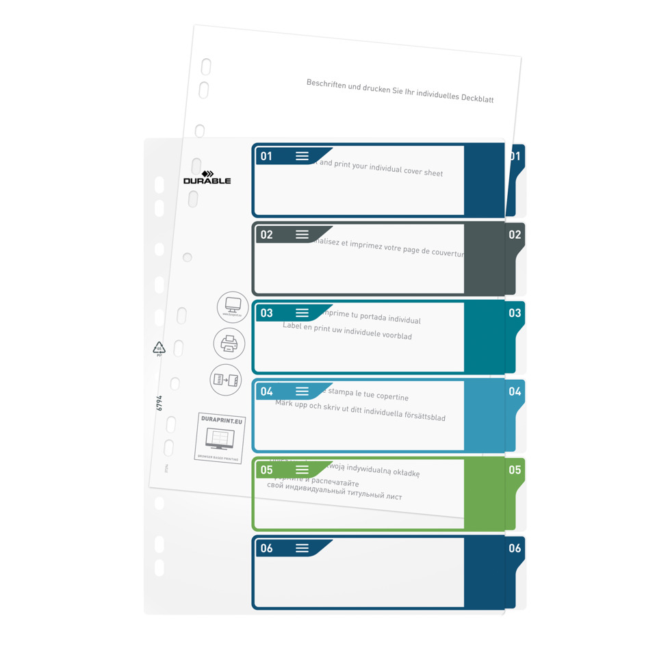 deck sheet, Binderabtrennungen, Seitennamen, Deckblatt, Organisationswerkzeug