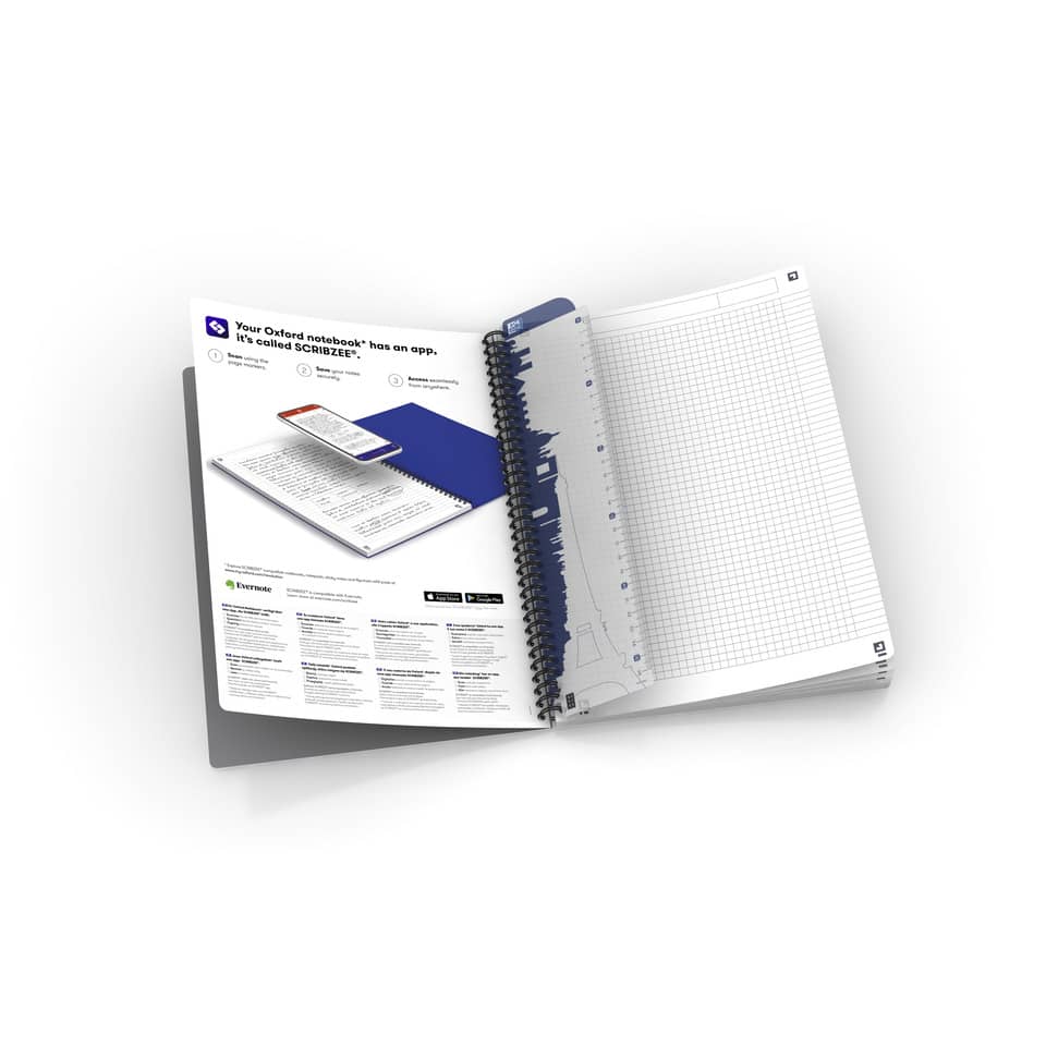 notebook, spiral bound, Gitterseite, offenes Notizbuch, blaue Akzente