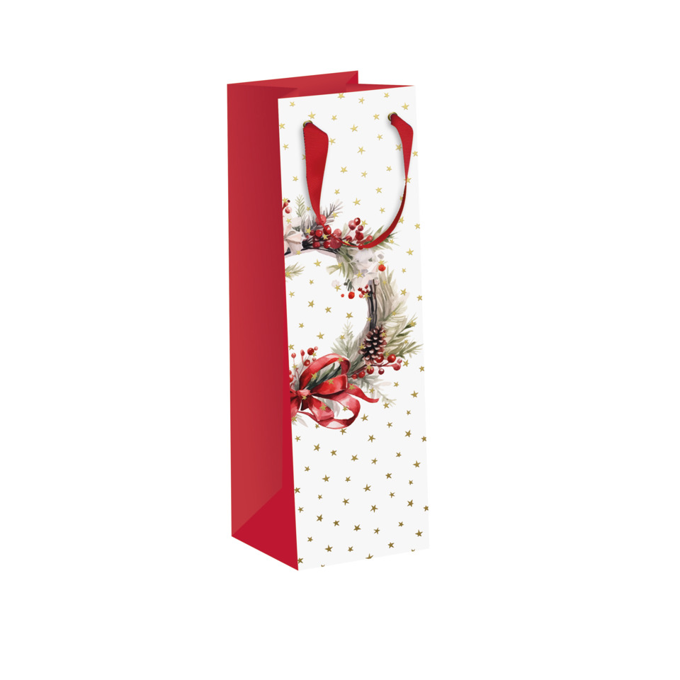 Geschenktüte, Weihnachtsdesign, Goldene Sterne, Botanischer Kranz, Rot