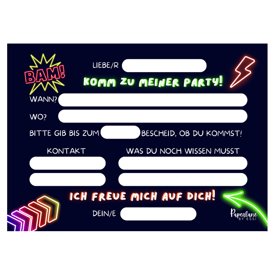 neon design, party invitation, form fields, text fields, schriftzug, neon lights, bullets, Karte