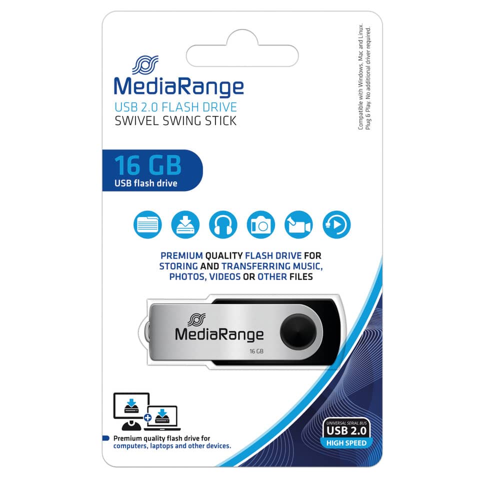 USB-Flash Drive, 16 GB, MediaRange, Schwenkbar, USB 2.0