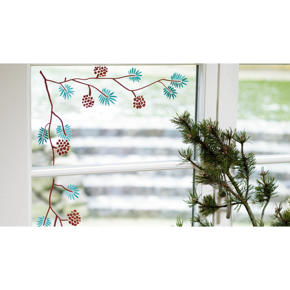 Fensteraufkleber, Dekoraufkleber, Kieferzweig, Blau akzent, Glasfenster, Fenster, Dekorfolie, Glass-Aufkleber, Kiefernadel, Grünpflanze