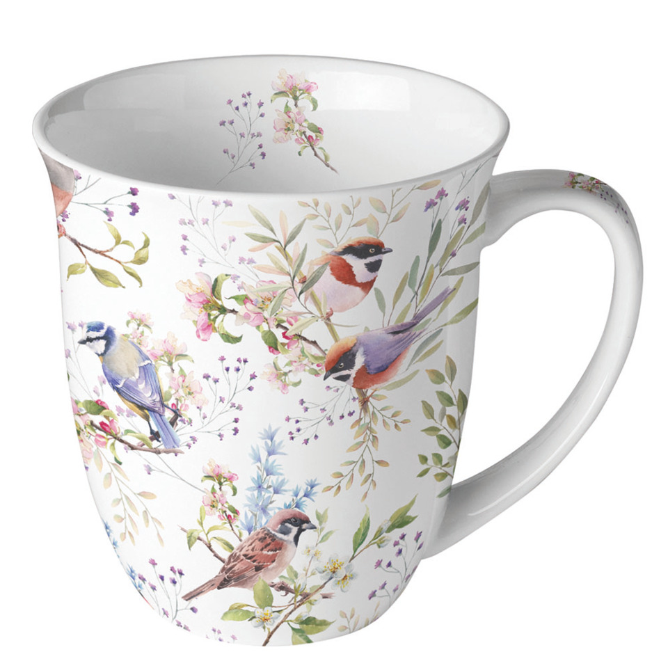 Tasse, Becher, Porzellan, Vogelmuster, Blumenmotiv