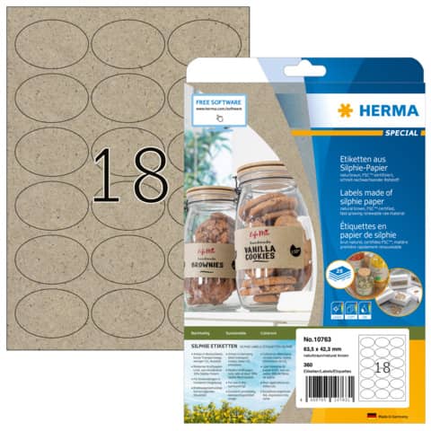 Etiketten aus Silphie-Papier permanent, 63,5x42,3mm, 360 Stück, naturbraun HERMA 10763