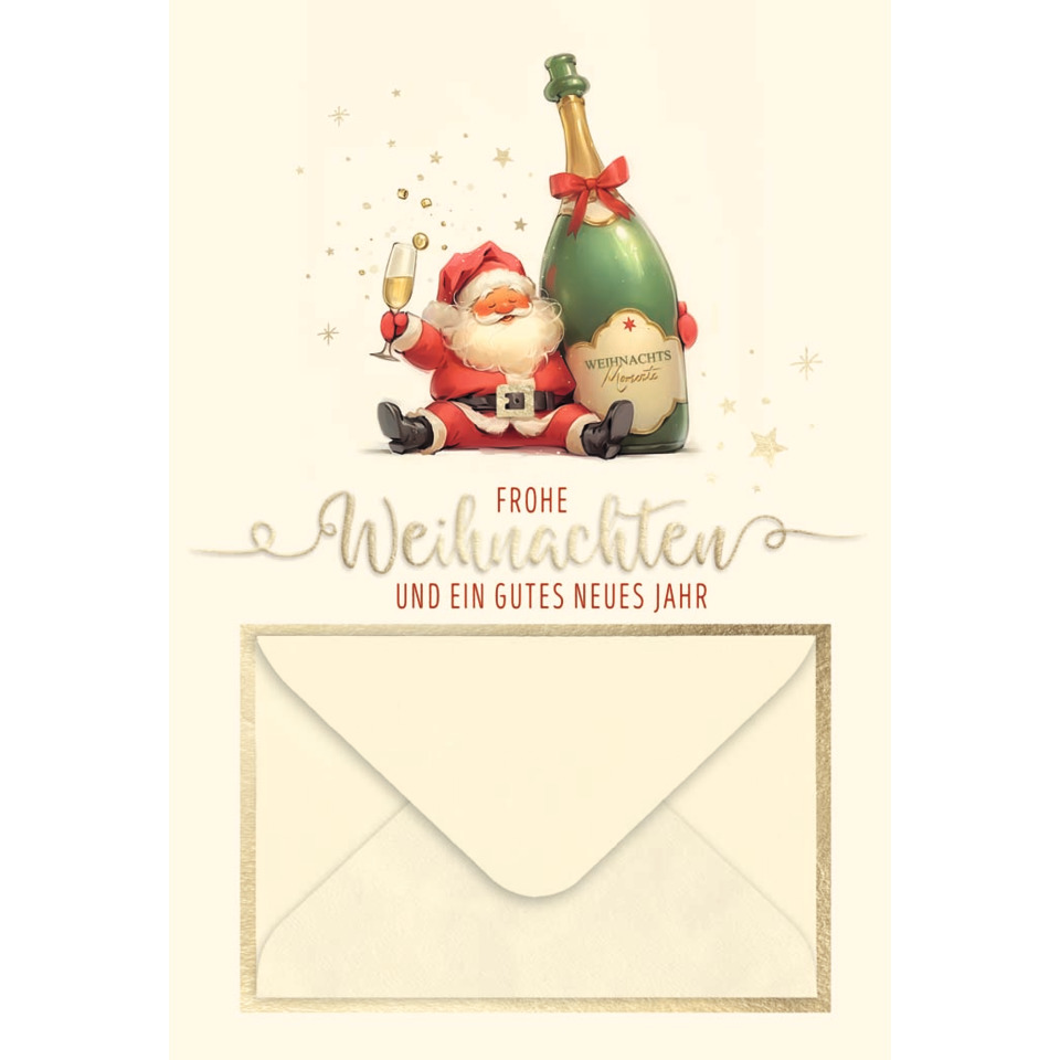 Weihnachten, Weihnachtskarte, Sektflasche, Sankt Nikolaus, Umschlag