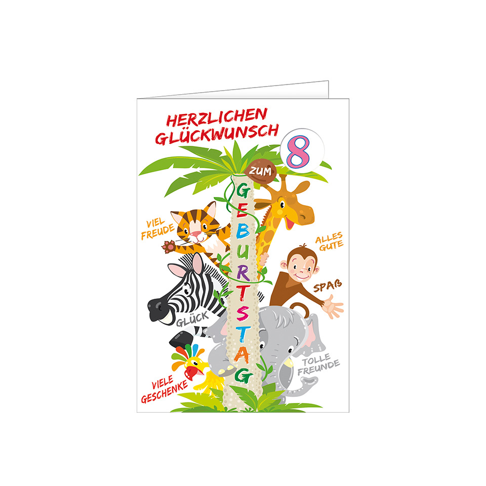 Geburtstag-Karte, Tiermotive, Junge/Freunde, Giraffe, Elefant, Affe, Zebra, Palme, Geburtstagspostkarte, Geschenke