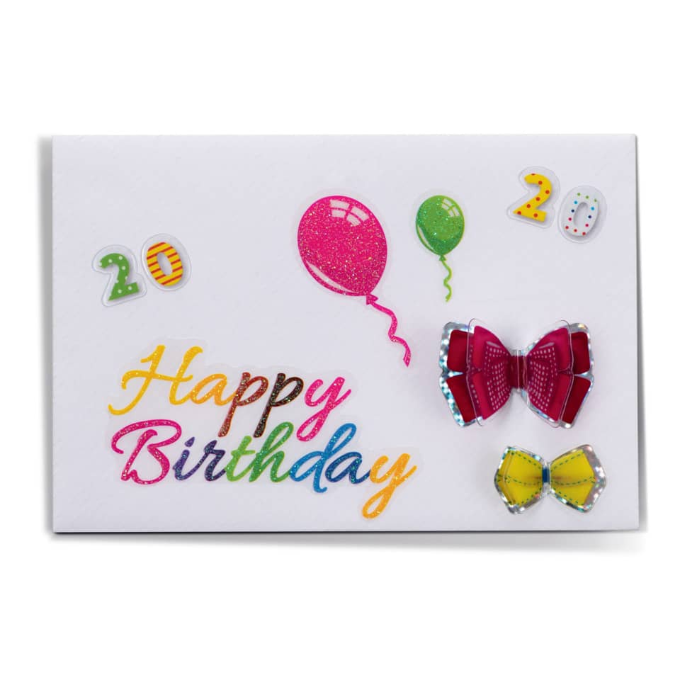 Geburtstagskarte, Happy Birthday, Ballon, Schleifenband-Bogen, Konfetti-Farben