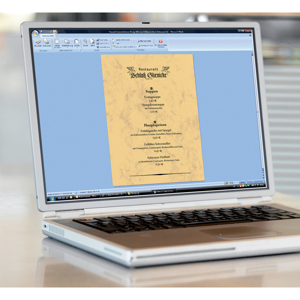 Laptop, Bildschirm, Menükarte, Restaurant, Dokument, laptop, menü, dokument auf dem bildschirm, softwarefenster, offenes laptop