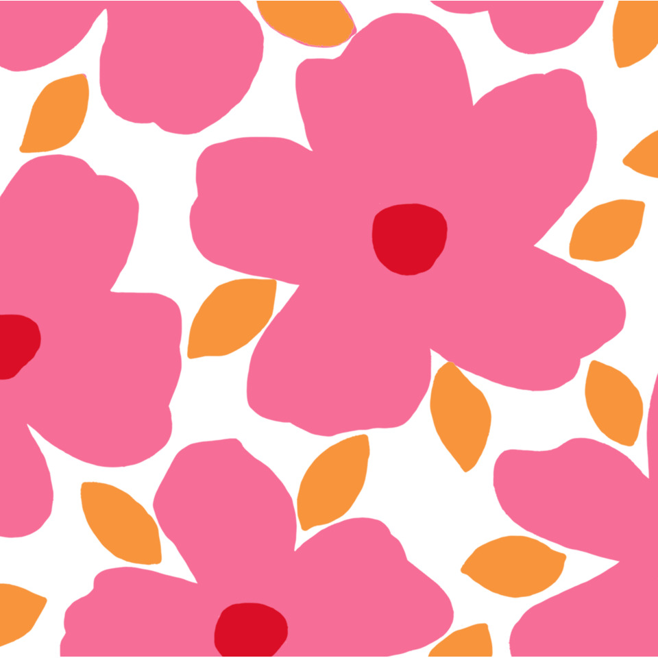 pink flowers, floral pattern, orange leaves, red center, bold print