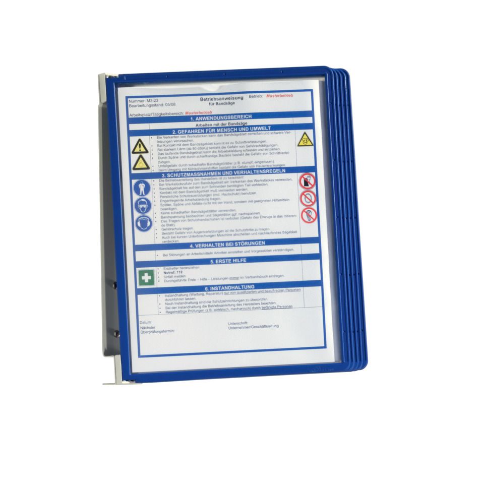 Sicherheitsposter, Anleitungsblatt, blauer Ordner, Warnzeichen, Industrielles Etikett