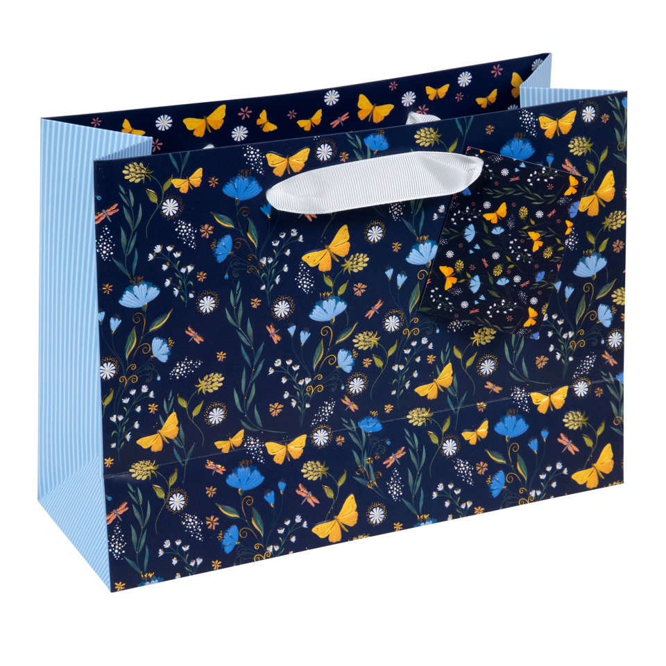 Geschenktasche, Blumenmuster, Drachenfalter, Dunkelblau, Papiertragetasche