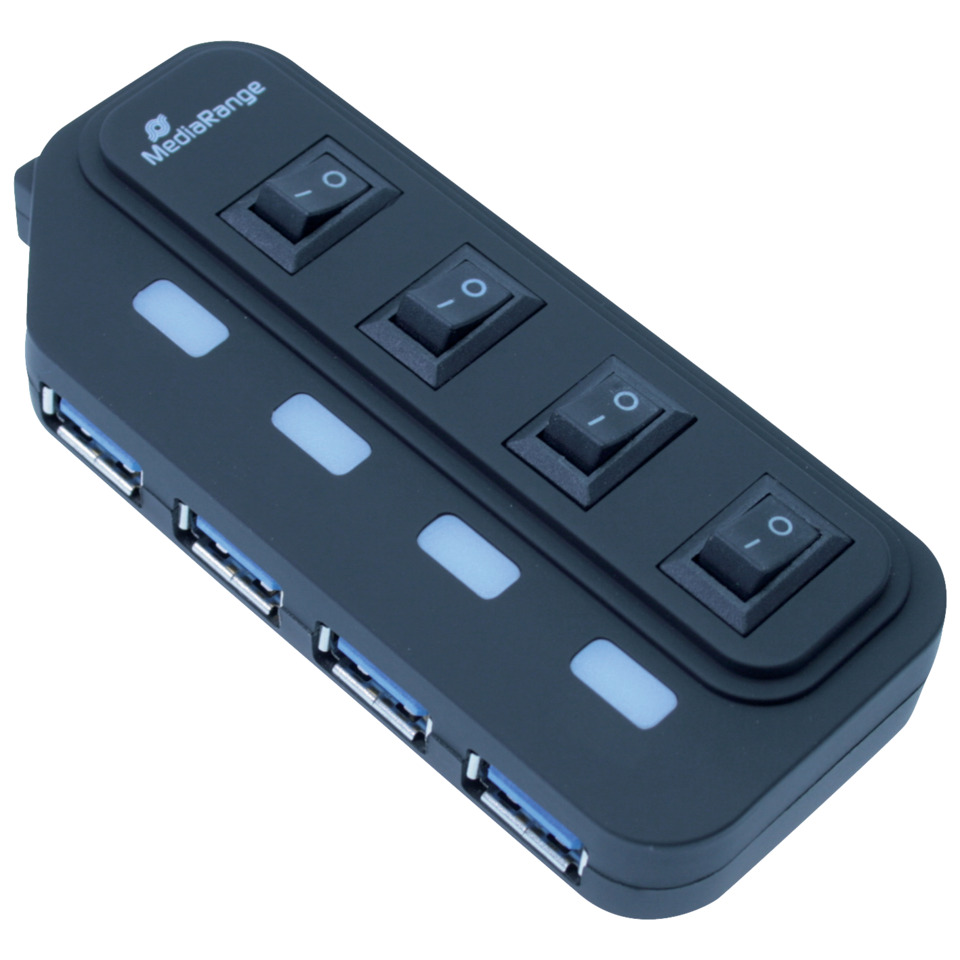 USB-Hub, 4-Port, Schalter, Schwarz, Medìrange Marke auf dem Gerät
