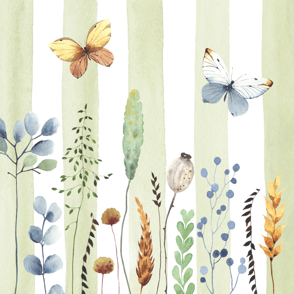 Natur, Schmetterlinge, Blumen, Waldsilhouette, Wasserfarbe