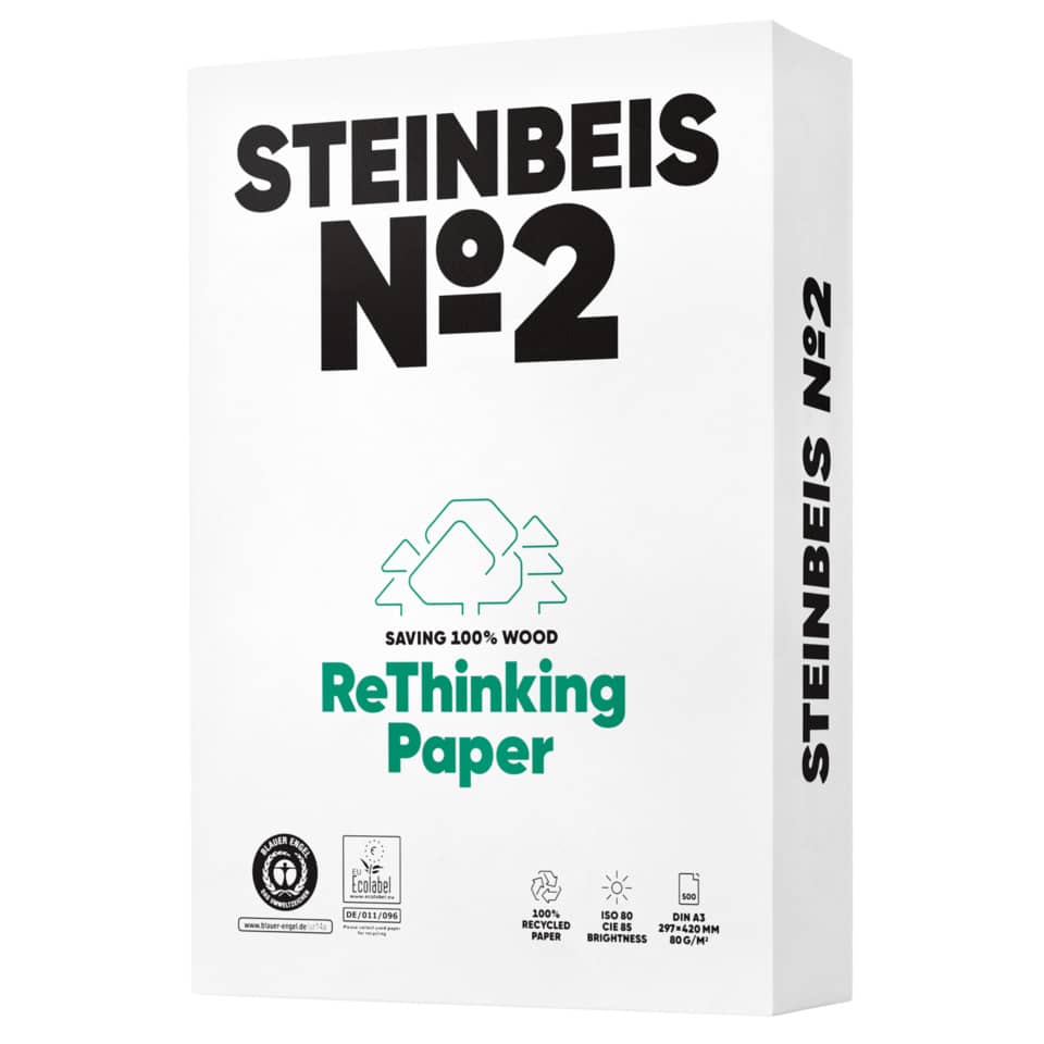rethinkable paper, holzbasierte, weiße verpackung, grüner text, Steinbeis No.2