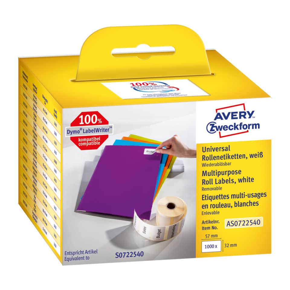 Büroklammeretiketten, Rollenklebeetiketten, Dymo LabelWriter, Universaletiketten, Klebebandrolle