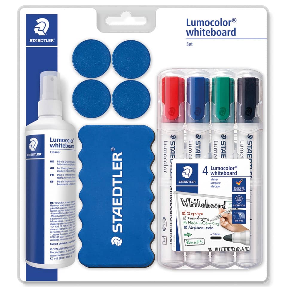 whiteboard kit, marker set, eraser, spray bottle, blue magnets